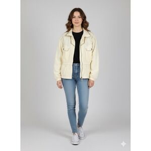 EAST WEST Vtg‎ Pale Yellow Jacket Drawstring Zip Front Sz M Retro Chic 1980s